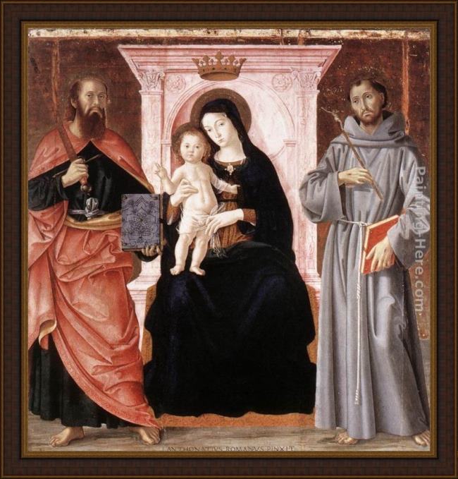 Framed Antoniazzo Romano madonna enthroned with the infant christ and saints painting