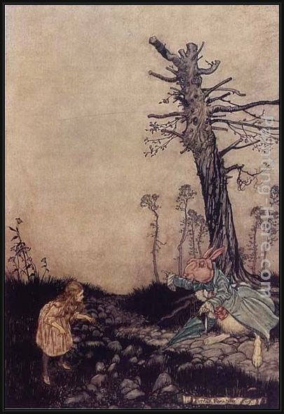 Framed Arthur Rackham alice in wonderland down the rabbit hole painting