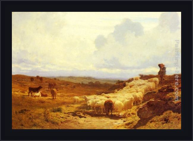 Framed Auguste Bonheur a shepherd and his flock painting