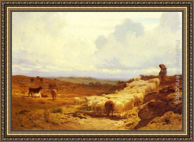 Framed Auguste Bonheur a shepherd and his flock painting