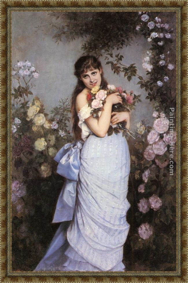 Framed Auguste Toulmouche a young woman in a rose garden painting