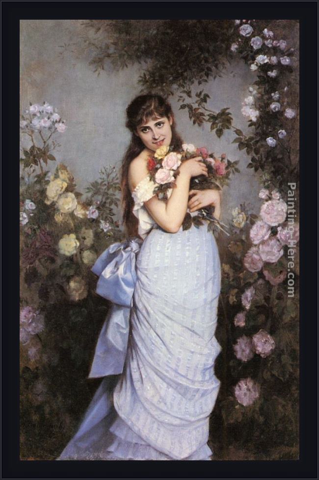 Framed Auguste Toulmouche a young woman in a rose garden painting