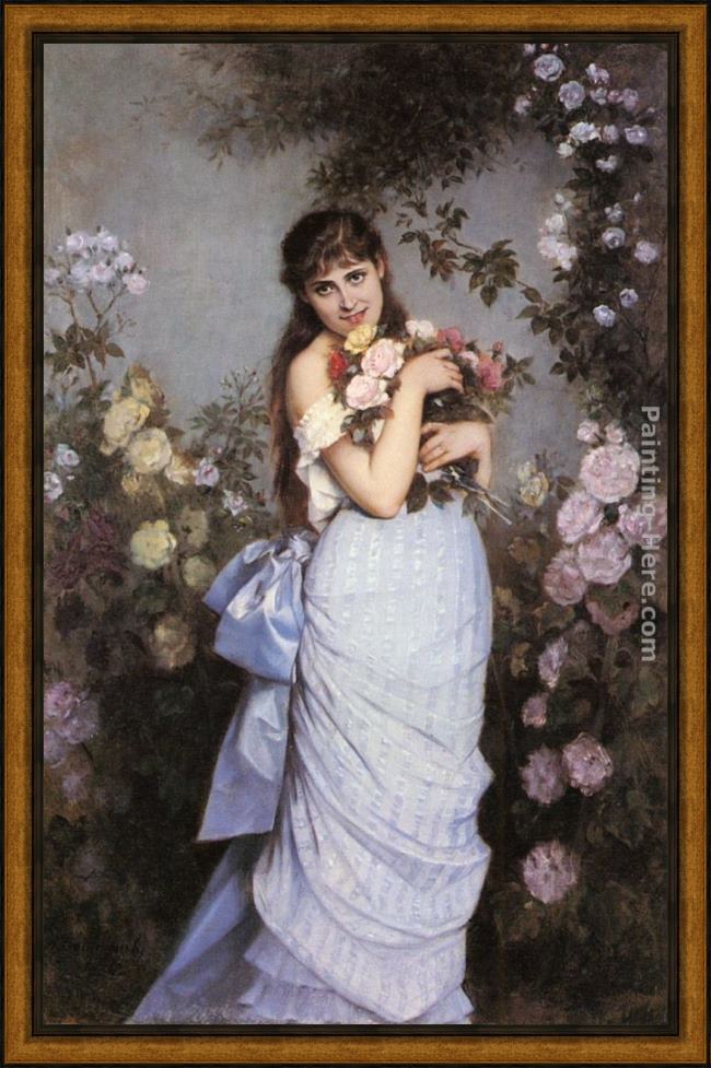 Framed Auguste Toulmouche a young woman in a rose garden painting