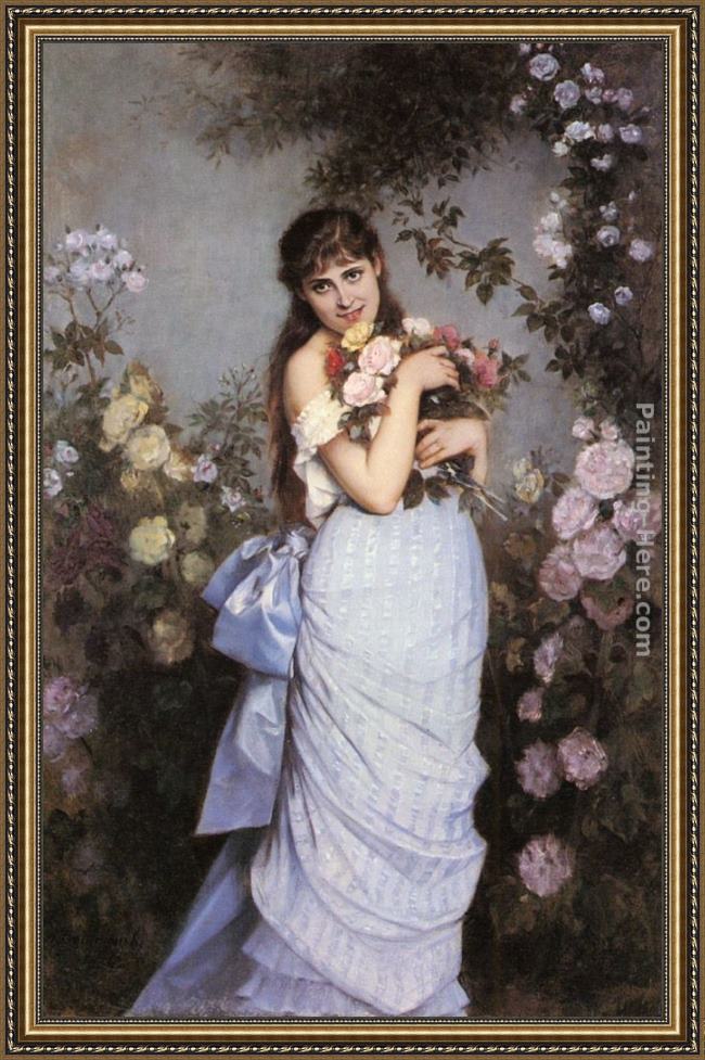 Framed Auguste Toulmouche a young woman in a rose garden painting