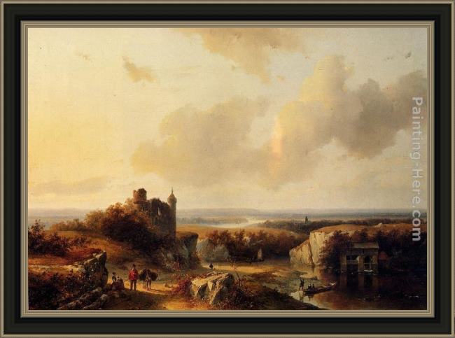 Framed Barend Cornelis Koekkoek anextensive river landscape with travellers on a path and a castle in ruins in the distance painting
