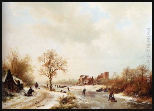 Framed Barend Cornelis Koekkoek winterlandschap a winter landscape with skaters on a frozen waterway and peasants by a farm in the foreground painting