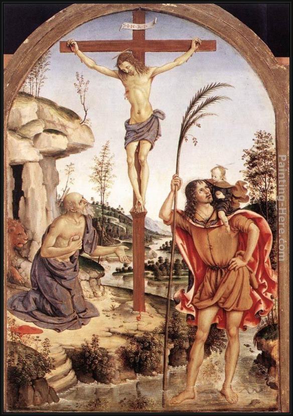 Framed Bernardino Pinturicchio the crucifixion with sts jerome and christopher painting