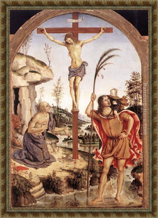 Framed Bernardino Pinturicchio the crucifixion with sts jerome and christopher painting