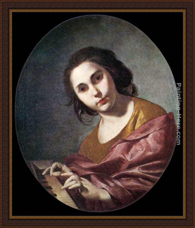 Framed Bernardo Cavallino clavichord player painting