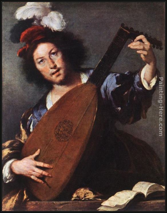 Framed Bernardo Strozzi lute player painting