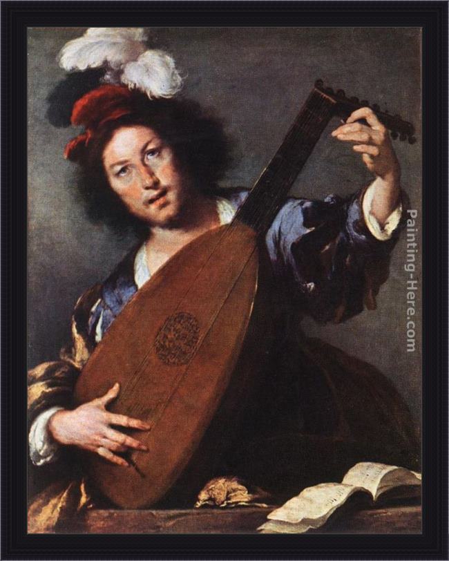 Framed Bernardo Strozzi lute player painting
