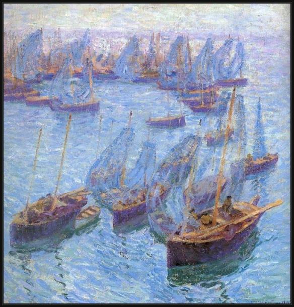 Framed Bernhard Gutmann breton fishing boats painting