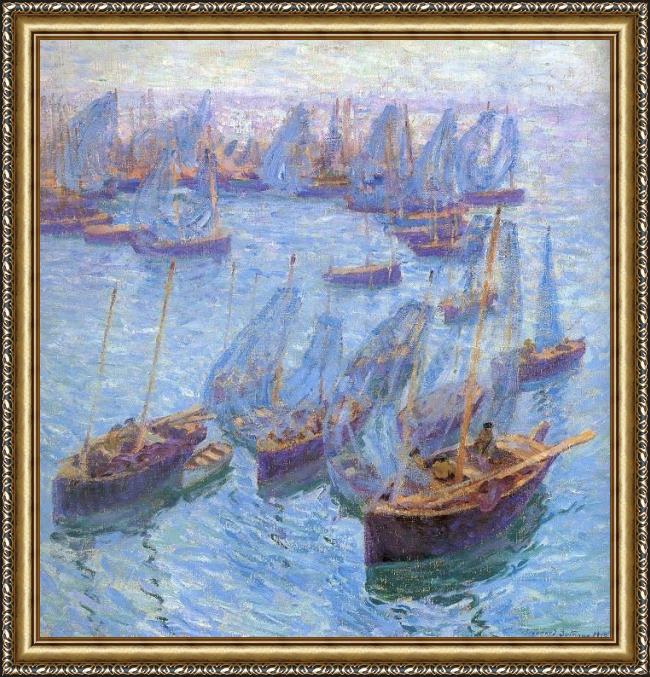 Framed Bernhard Gutmann breton fishing boats painting