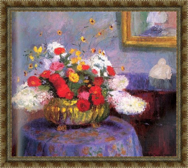 Framed Bernhard Gutmann still life round bowl with flowers painting