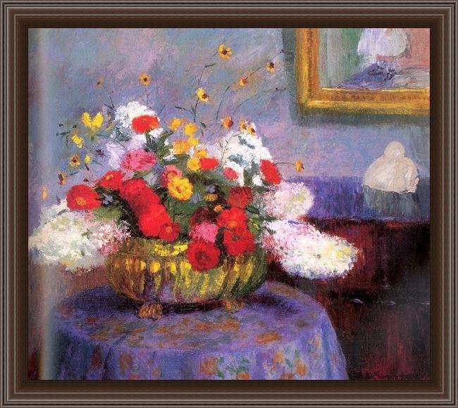 Framed Bernhard Gutmann still life round bowl with flowers painting