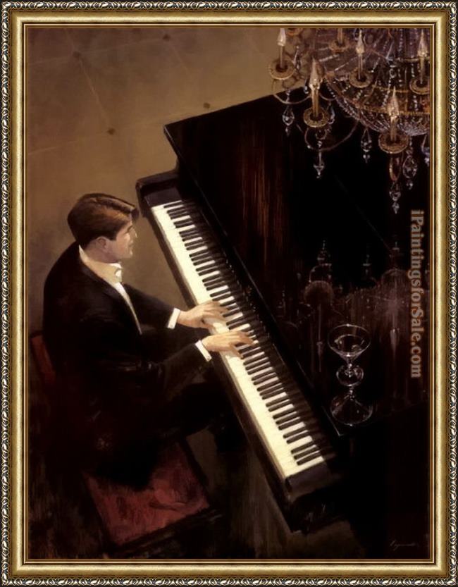 Framed Brent Lynch jazz duet piano painting