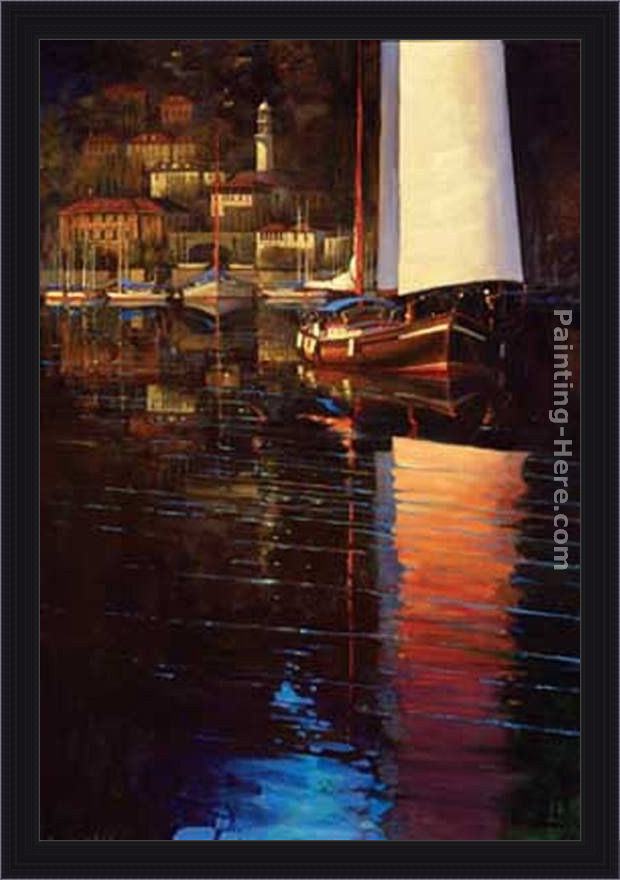 Framed Brent Lynch lake como sunset sail painting