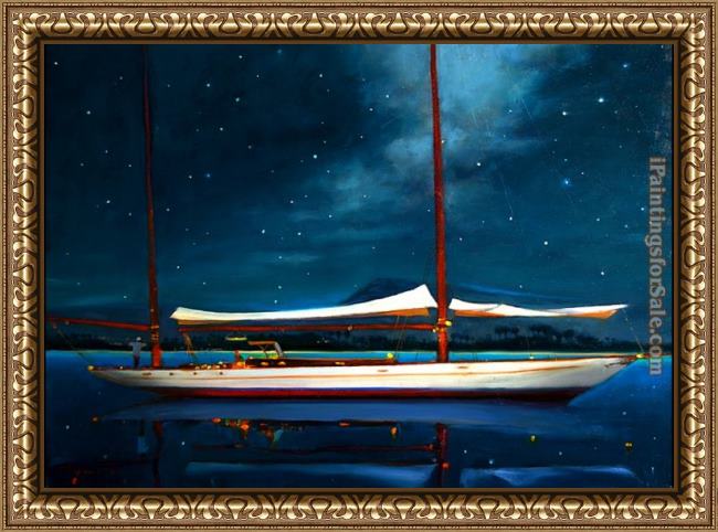 Framed Brent Lynch moonlight ketch antigua painting