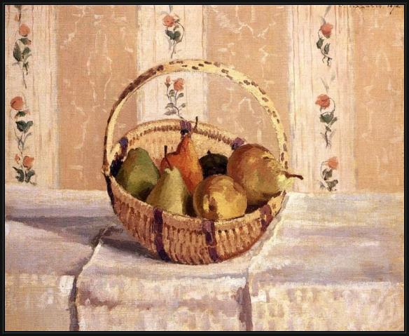 Framed Camille Pissarro apples and pears in a round basket painting