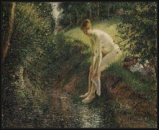 Framed Camille Pissarro bather in the woods painting