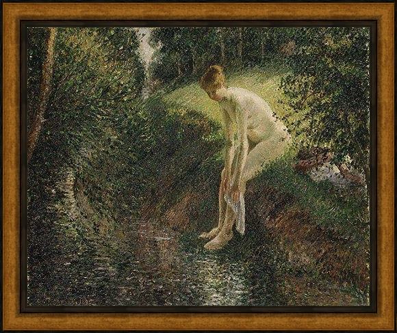 Framed Camille Pissarro bather in the woods painting