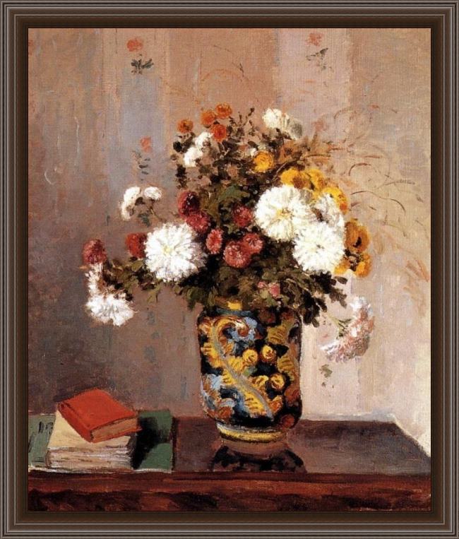 Framed Camille Pissarro chrysanthemums in a chinese vase painting