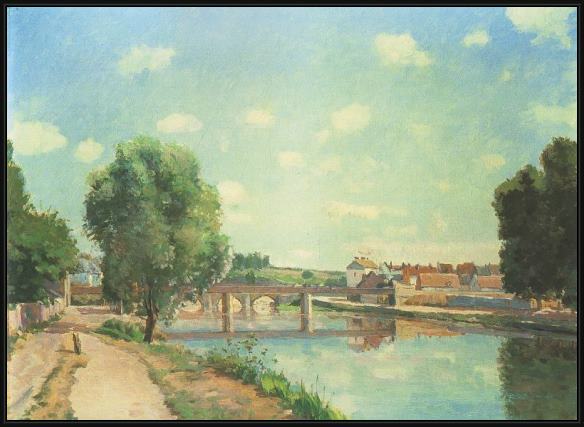 Framed Camille Pissarro the railway bridge at pontoise painting