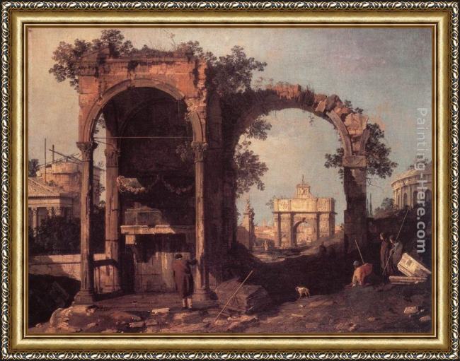 Framed Canaletto capriccio ruins and classic buildings painting