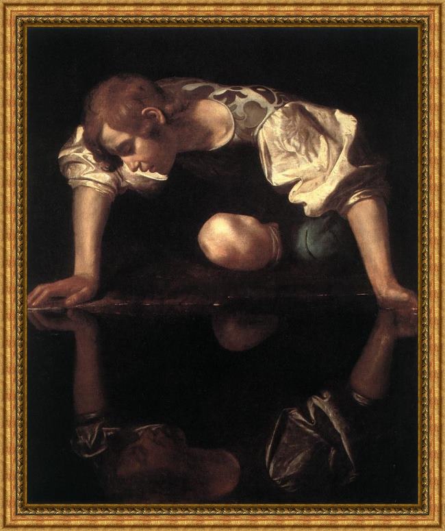 Framed Caravaggio narcissus painting