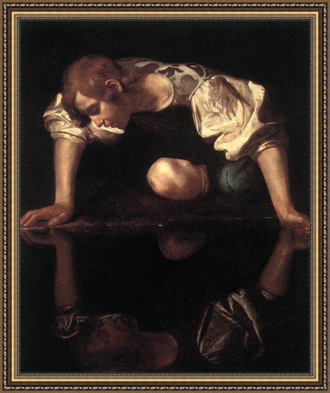 Framed Caravaggio narcissus painting