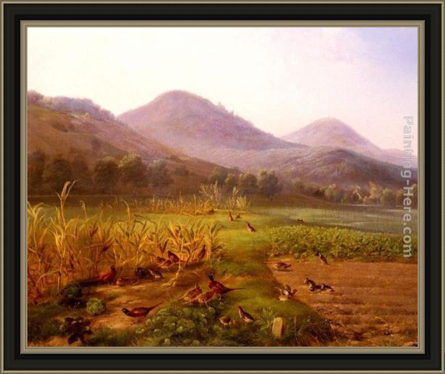 Framed Carl Jutz an extensive field with game birds and rabbits painting