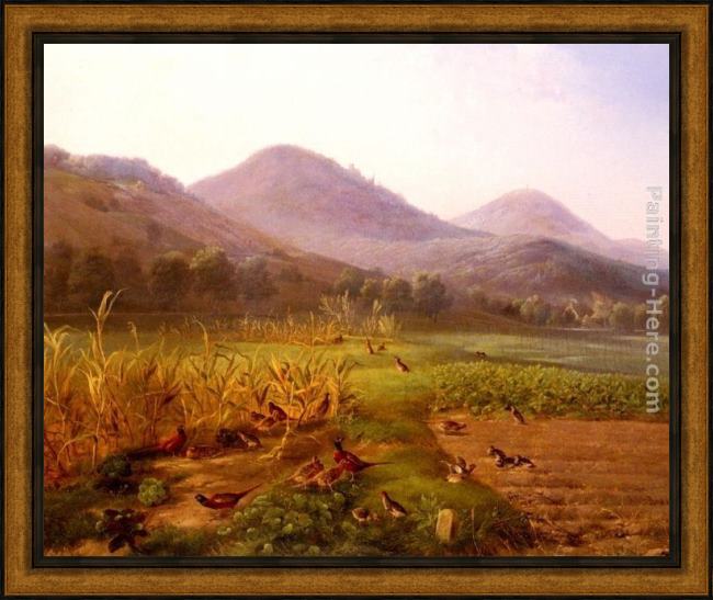 Framed Carl Jutz an extensive field with game birds and rabbits painting