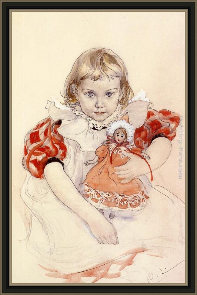 Framed Carl Larsson a young girl with a doll painting