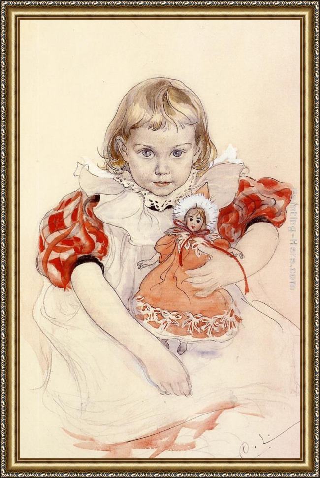 Framed Carl Larsson a young girl with a doll painting