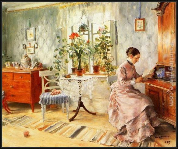 Framed Carl Larsson an interior with a woman reading painting