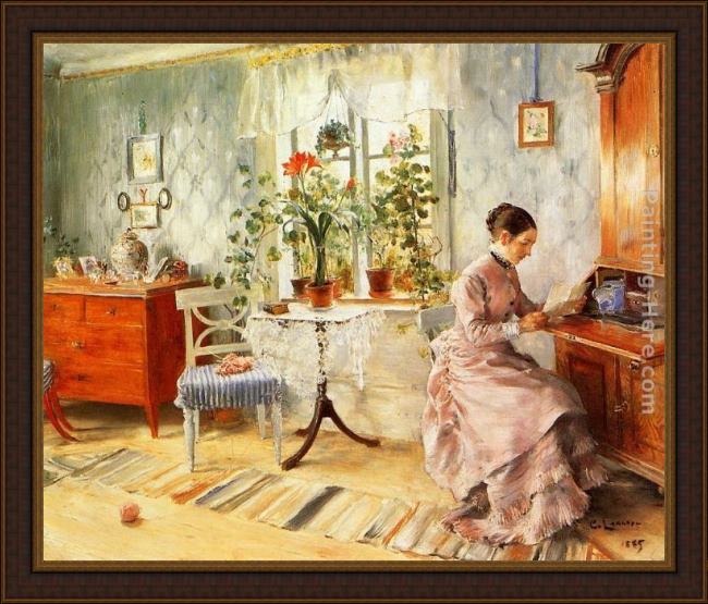 Framed Carl Larsson an interior with a woman reading painting