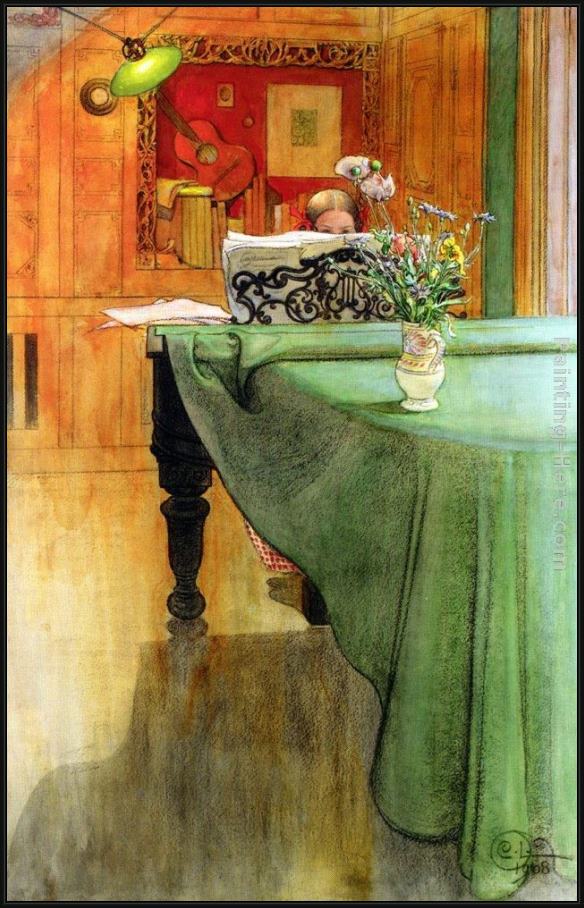 Framed Carl Larsson brita vid pianot painting