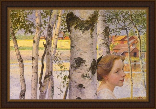 Framed Carl Larsson lisbeth at the birch painting