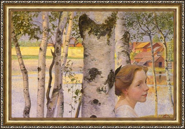 Framed Carl Larsson lisbeth at the birch painting
