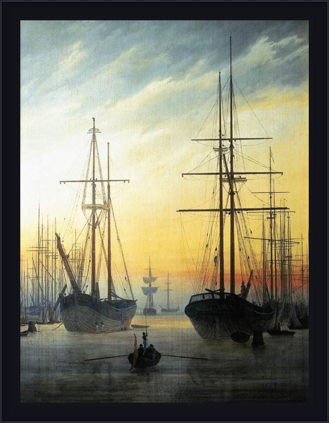 Framed Caspar David Friedrich view of a harbour painting