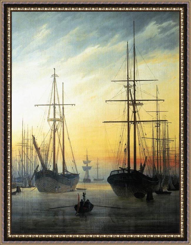 Framed Caspar David Friedrich view of a harbour painting
