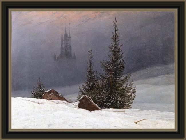 Framed Caspar David Friedrich winter landscape with church painting