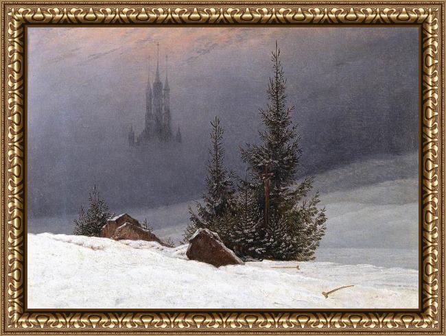 Framed Caspar David Friedrich winter landscape with church painting