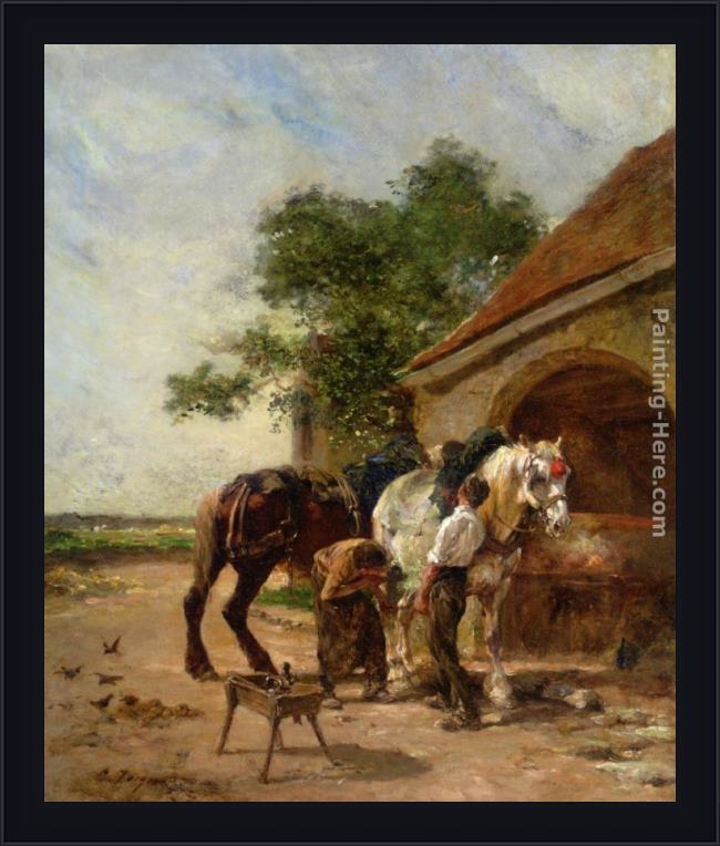 Framed Charles Emile Jacque attending to the horses painting