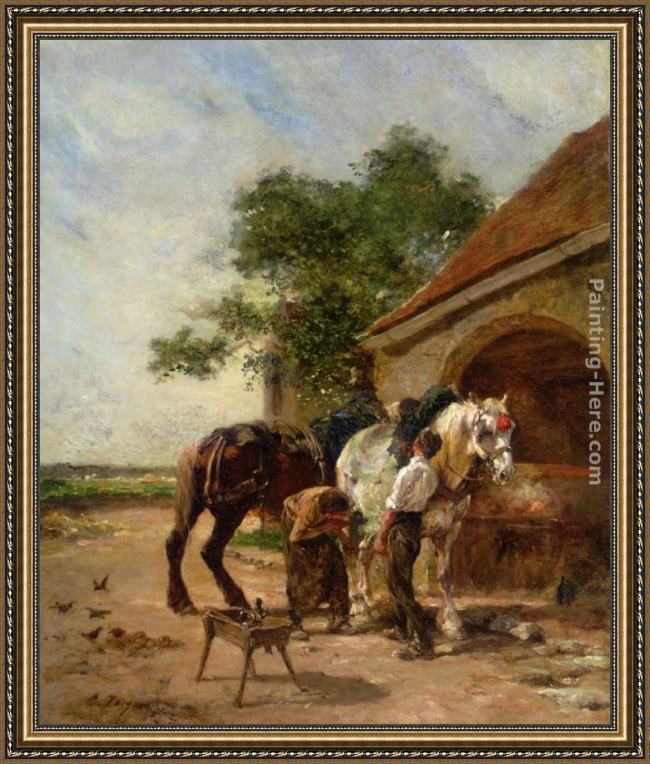 Framed Charles Emile Jacque attending to the horses painting