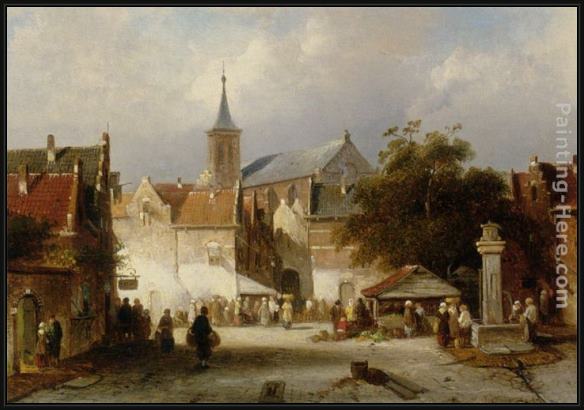 Framed Charles Henri Joseph Leickert a busy market in a dutch town painting