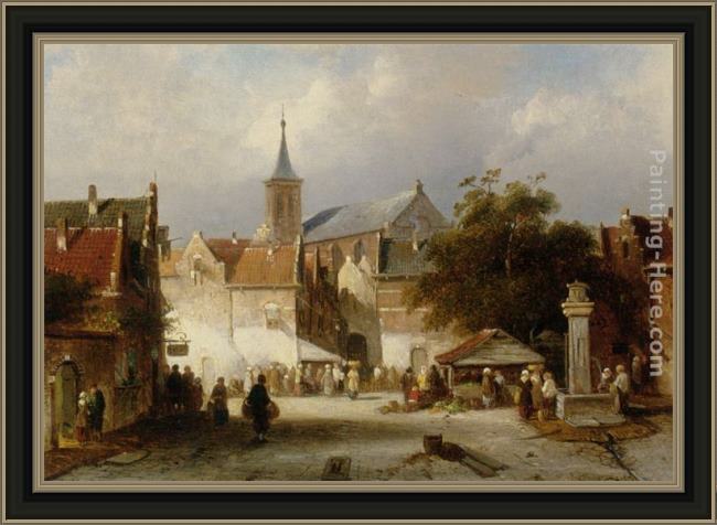 Framed Charles Henri Joseph Leickert a busy market in a dutch town painting
