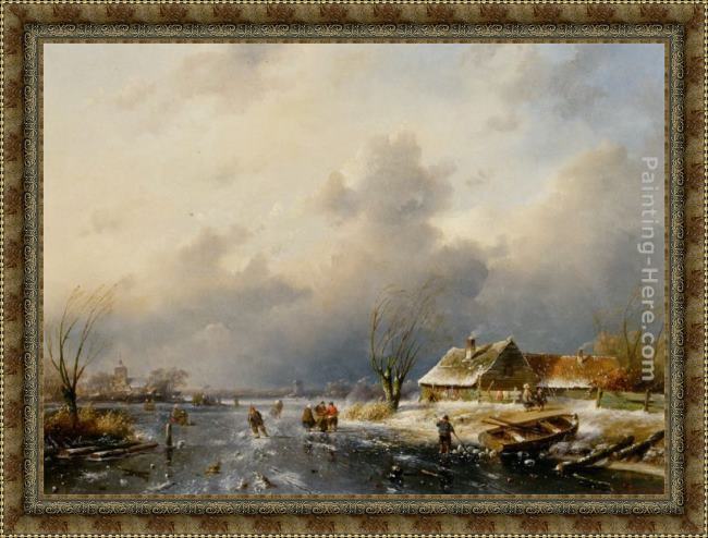 Framed Charles Henri Joseph Leickert a frozen waterway with skaters by a cottage painting