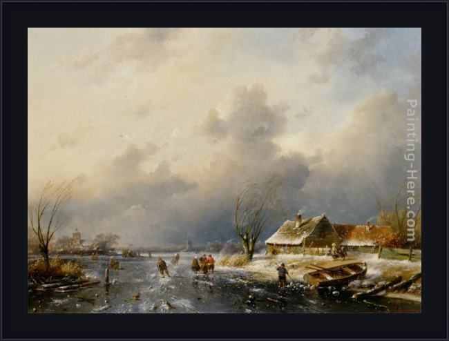 Framed Charles Henri Joseph Leickert a frozen waterway with skaters by a cottage painting