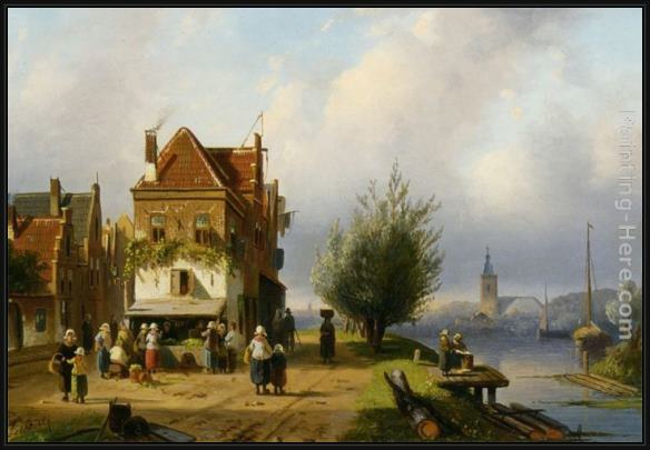 Framed Charles Henri Joseph Leickert a town view with figures by a market street stall painting